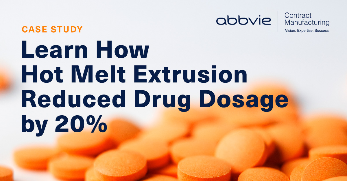 image of orange pills medication with the title - case study - learn how hot melt extrusion reduced drug dosage by 20%